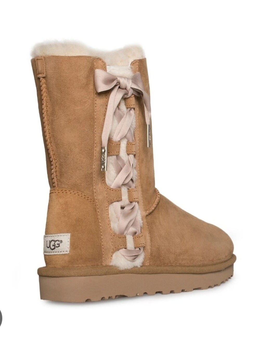 UGG Chestnut Suede Shearling Boots with Satin Bows